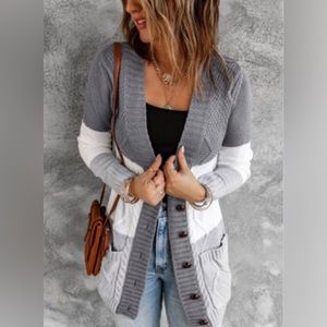 Grey color block knit cardigan